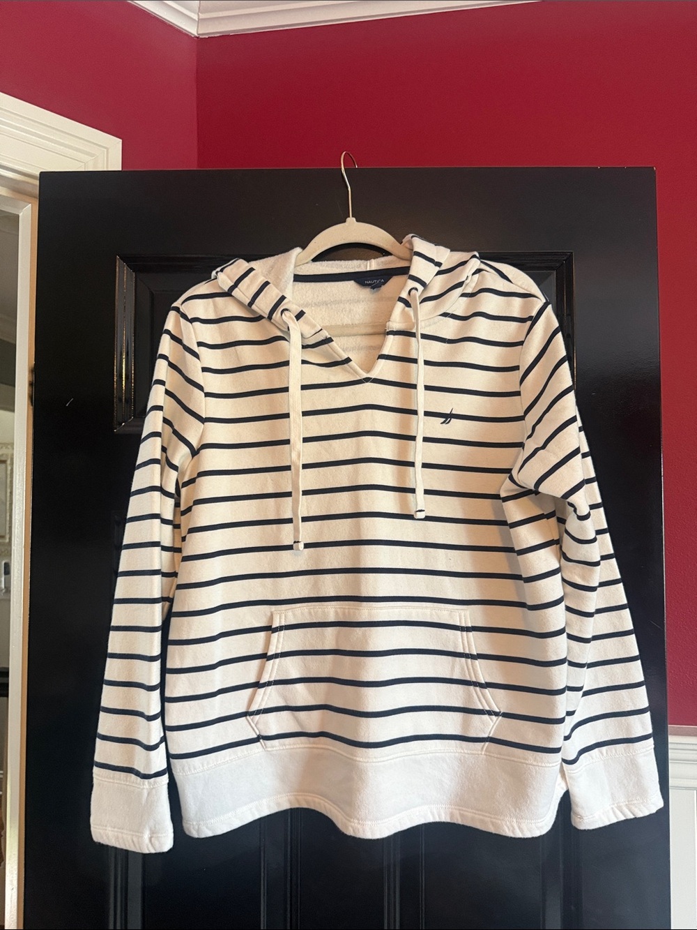 Nautica Cream and Navy Striped Hooded Pullover